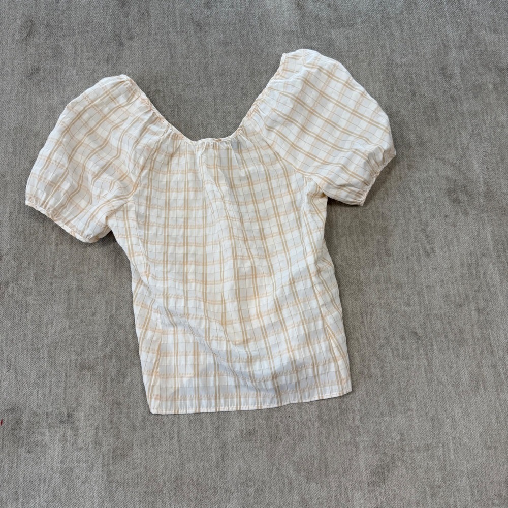 J. Crew Puff Sleeve Top Womens 8 Textured Plaid V Back Recycled‎ Fabric Shirt